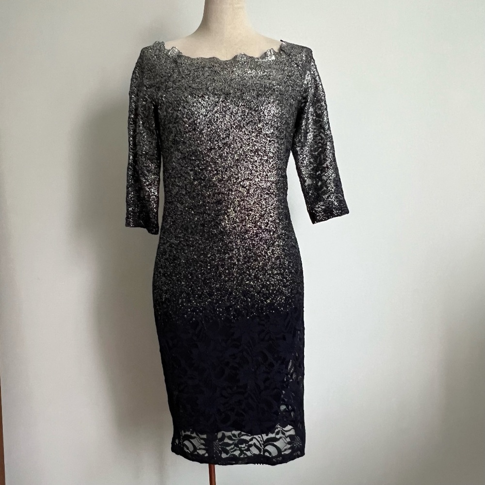 Marina - Dark Blue & Silver Floral Lace Midi Dress
